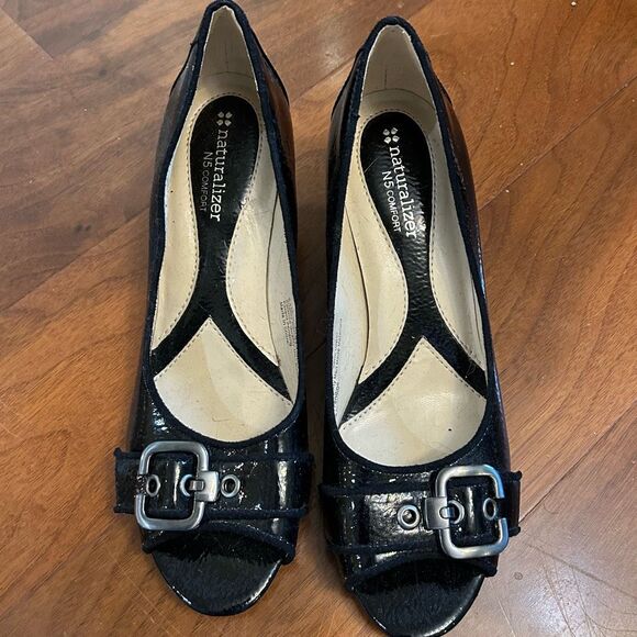 Naturalizer N5 Comfort women's wedge peep toe Hidi black patent shoes size 8.5 M - Picture 1 of 9